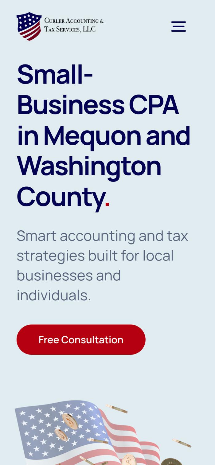 The live Curler Accounting & Tax website on a phone
