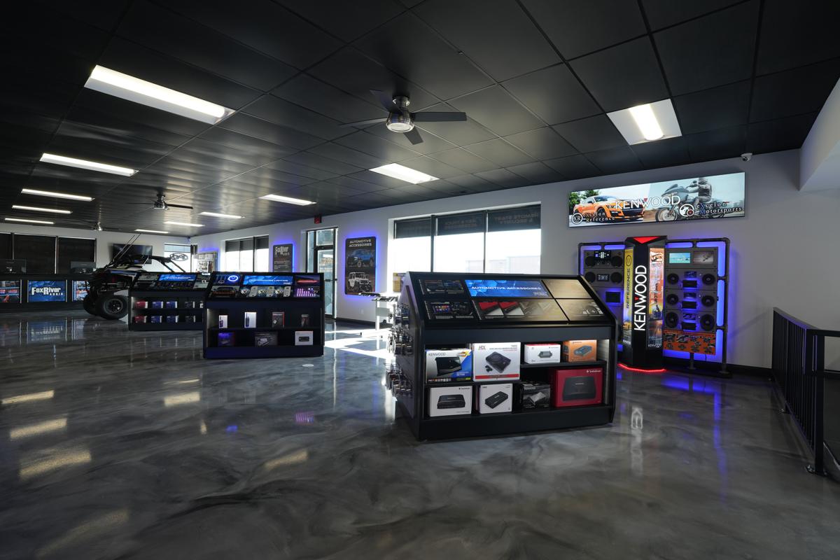 Car audio display wall at Fox River Audio