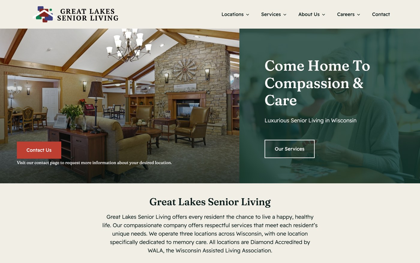 The live Great Lakes Senior Living website on desktop