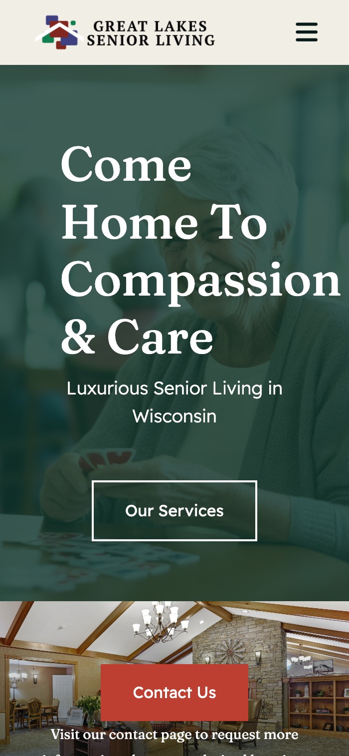 The live Great Lakes Senior Living website on a phone