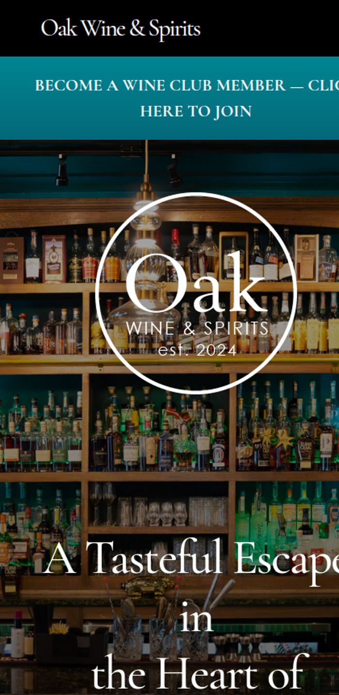 The live Oak Wine & Spirits website on a phone