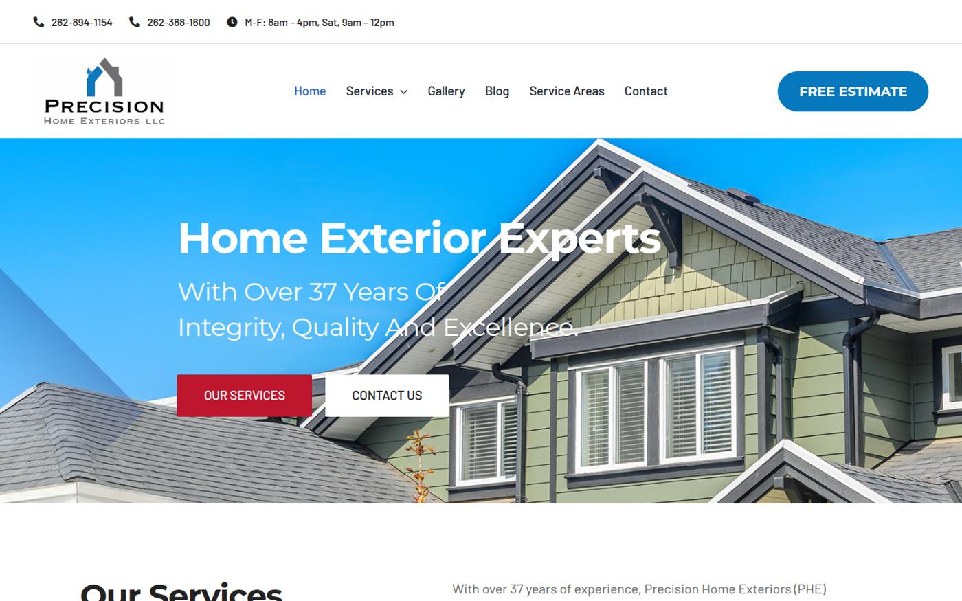 The live Precision Home Exteriors website