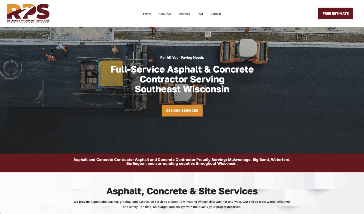 The live Reliable Pavement Services website