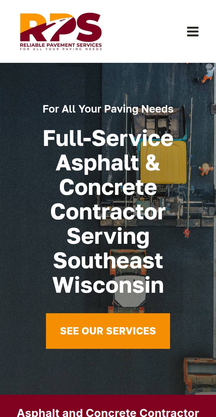 The live Reliable Pavement Services website on a phone